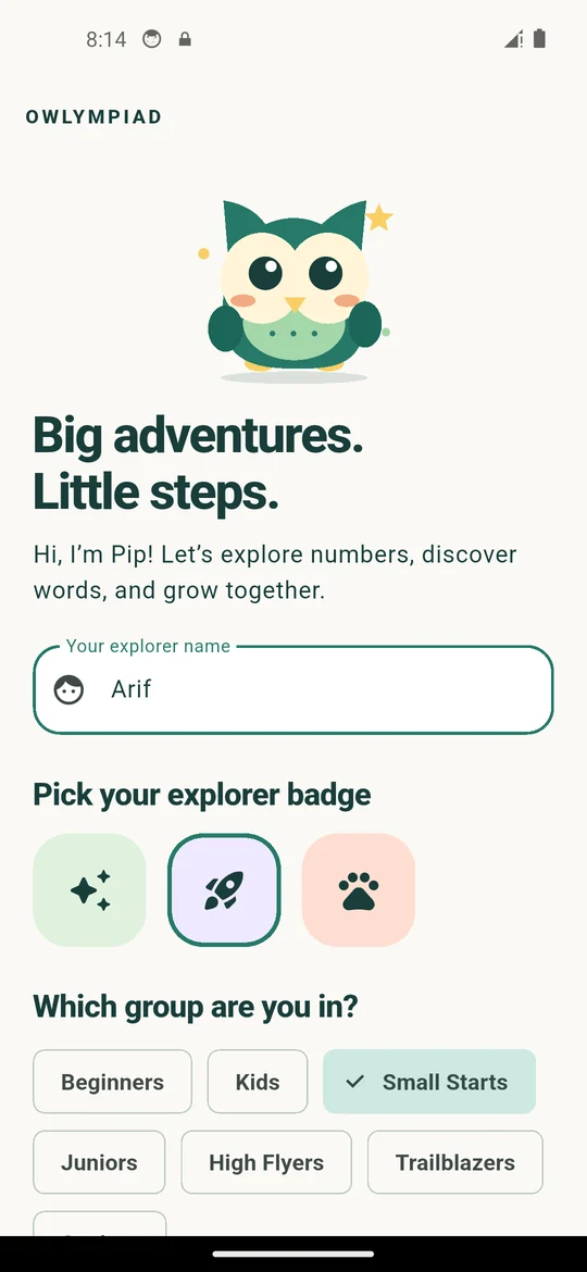 Start screen: Pip the owl, explorer badges and the seven group choices