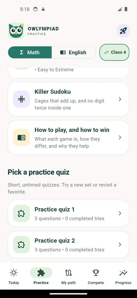 Practice tab with the puzzle corner and a list of practice quizzes